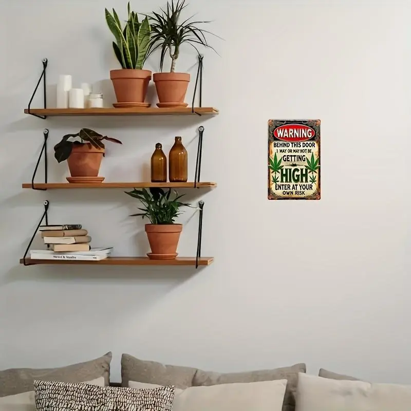 Vintage Metal Hanging Wall Sign Set, 15cm x 20cm Humorous Weed Warning Plaque ("Behind This Door I May or May Not Be Getting High"), Durable Fiberboard Room Decor, Easy-to-Hang Retro Leaf Accent Home Gift