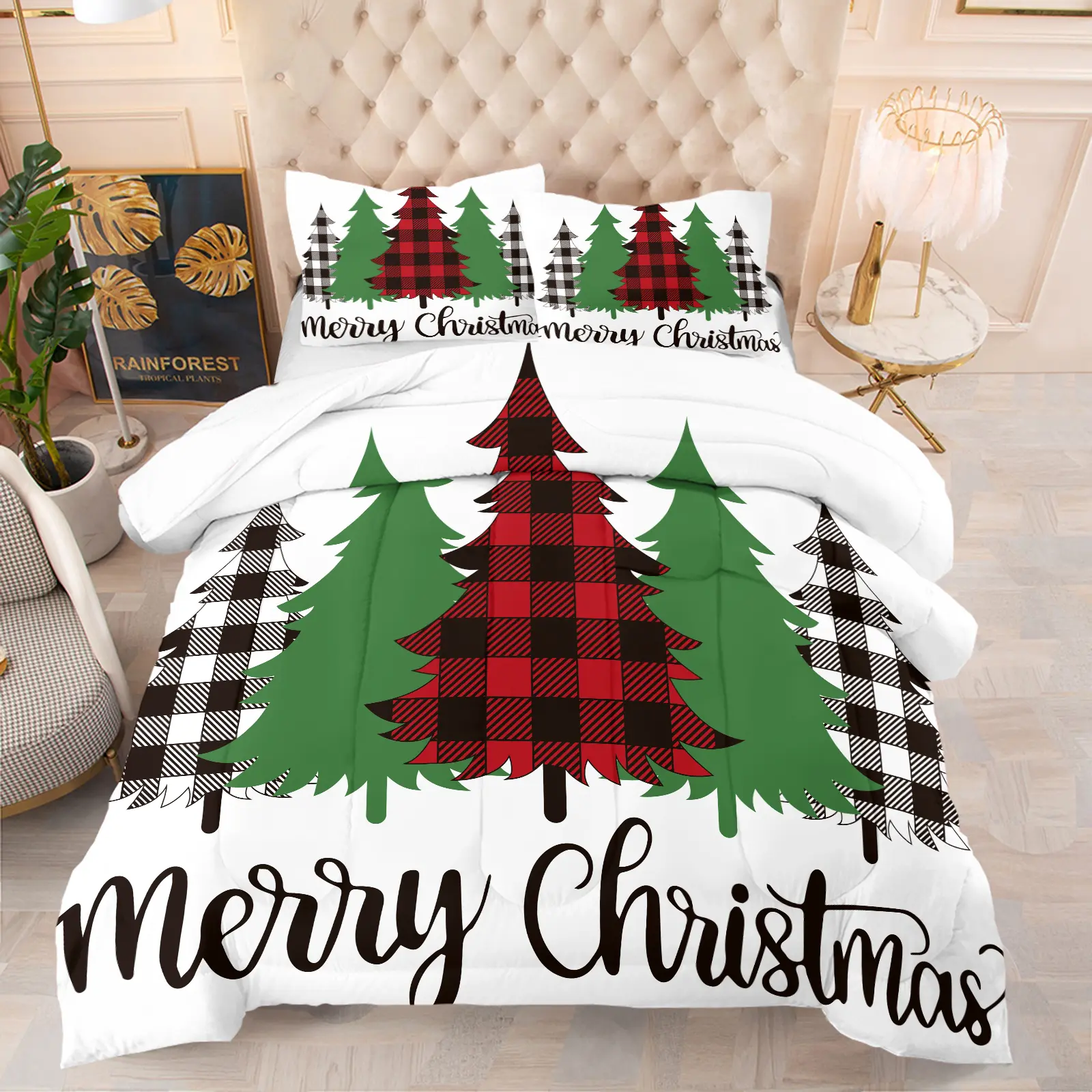 2/3-Piece Christmas Tree Theme Quilt Set Classic plaid Christmas tree print bedding Soft and durable fabric Sleep in festive warmth Perfect for bedroom decor or gifting