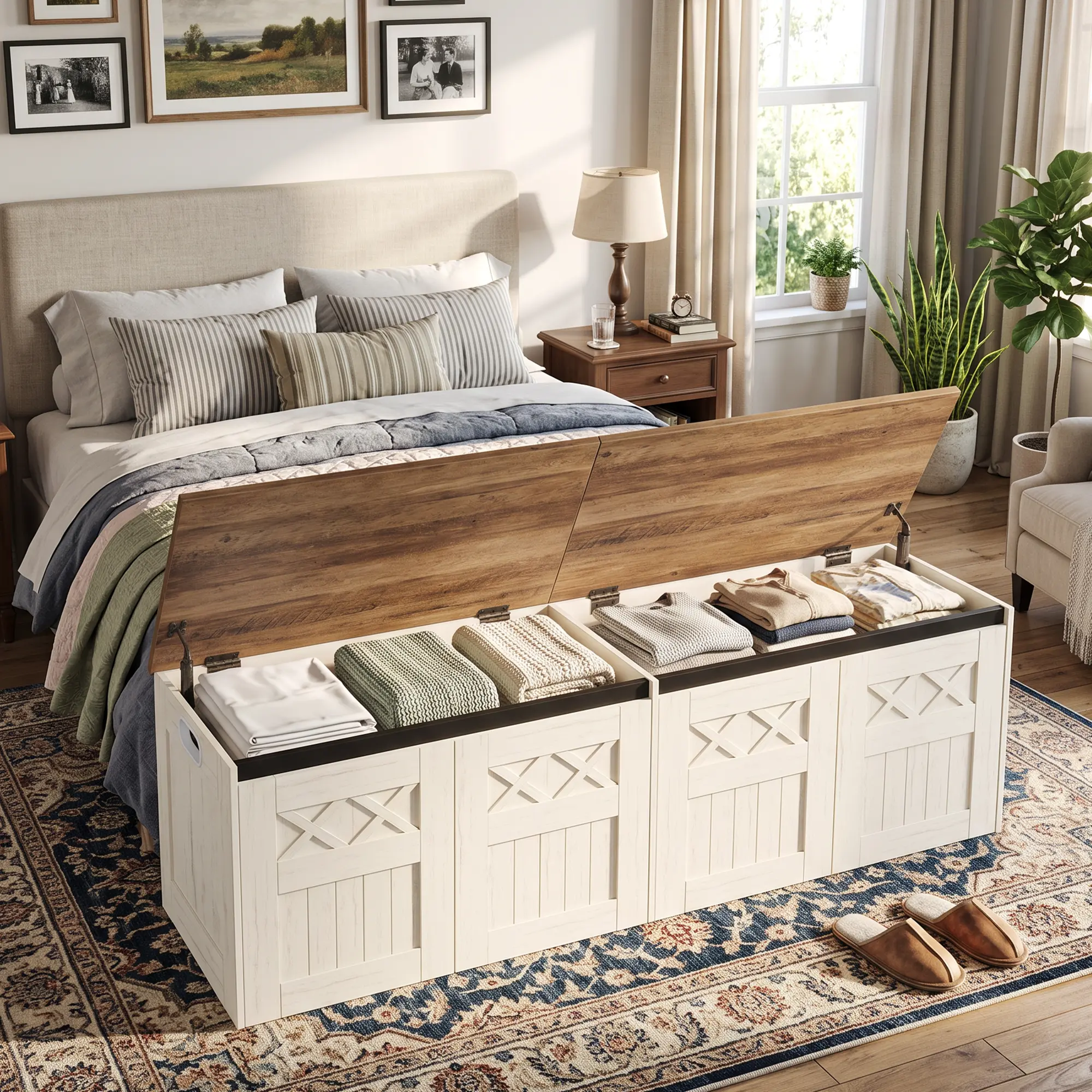 Hzuaneri Storage Chest, Large Storage Bench with 2 Hinges, Farmhouse Wooden Box Bench, Lift-Top Organizer Chest, Wooden Bed End Bench, Suitable for Entryway, Bedroom