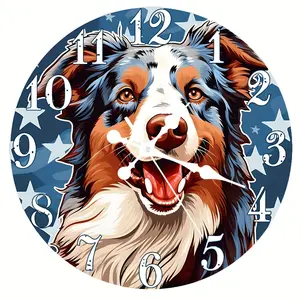 Australian Shepherd Pattern Round Wall Clock, 1 Count Wall Clock, Home Decor for Living Room Bedroom, Office, Bar Decor (Battery Powered, without Battery)