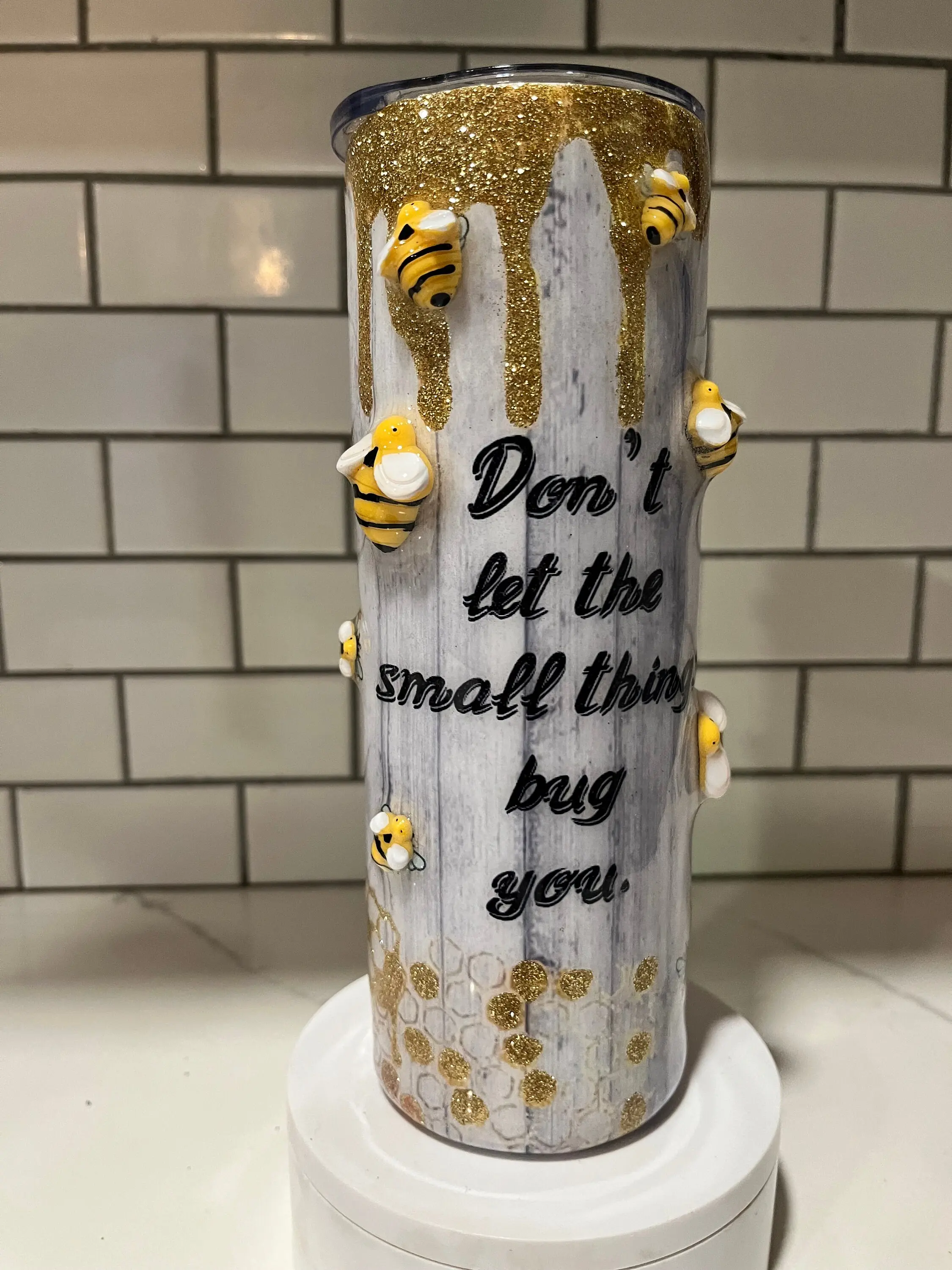 3D Glittered Bumble Bee Bottled Drinkware: Stainless Steel Tumbler with Lid and Reusable Straw