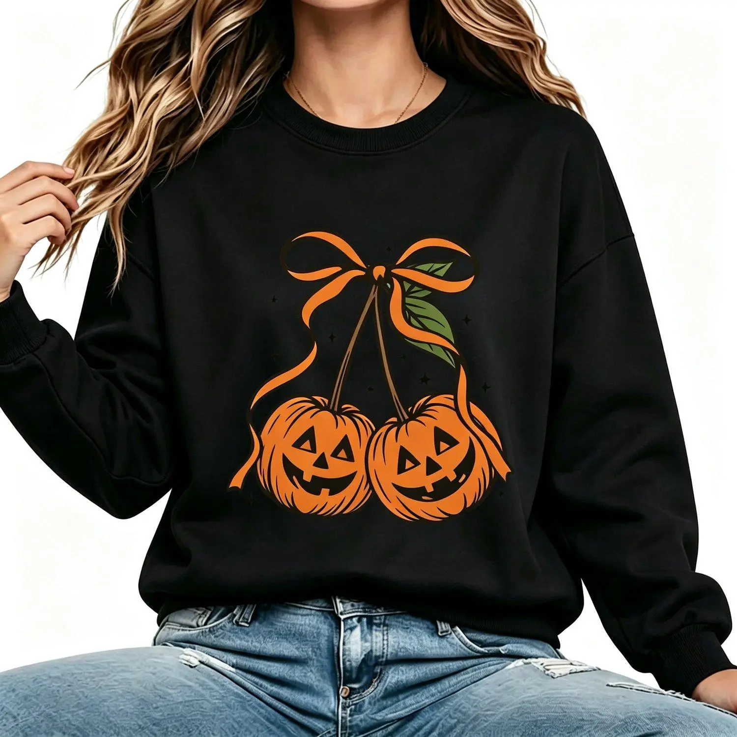 Halloween Jack O Lantern Cherry Bow Fall Crew Neck Sweatshirt Retro Spooky Season Cozy Autumn Pullover Vintage Graphic Pullover