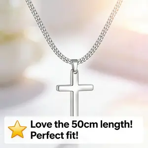 Stainless steel cross necklace jewelry gift for men and women, silver necklace, 3 mm, non-fading sturdy Cuban chain, with cross pendant, 20 inches