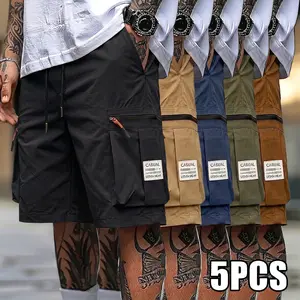 5-pack men’s summer regular cargo shorts with elastic waistband and drawstring; breathable, quick-drying—ideal as a gift. Suitable for commuting, vacations, casual wear, sports, fishing, camping, and outdoor activities. Side square pocket design adds styl