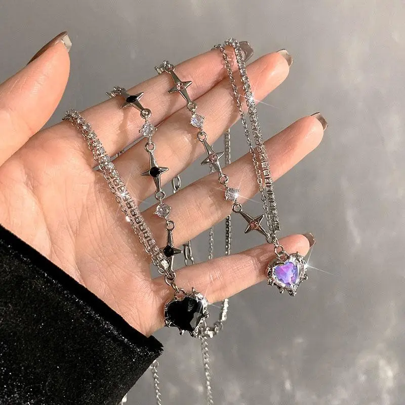 Y2K Purple Crystal Heart Pendant Necklace Women Light Luxury Egirl Emo Punk Grunge Clavicle Chain Fashion Valentine's Day Gifts