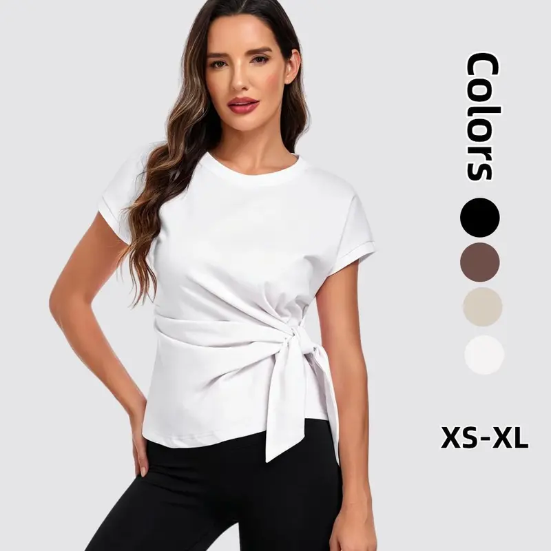KEEPSHOWING Women's Cotton Spandex Short-Sleeve Sport T-Shirt - Chic Soft Crew Neck, Tie-Front, Tie-Waist, Loose Dressy Casual Blouse, Female Tops for Women, Back to School Outfits