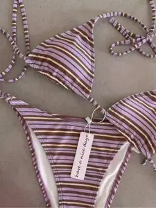 Striped Halter Triangle Bikini Set, Vintage Striped Tie High Cut Swimsuit, Sexy Beachwear for Vacation, Sand Swimwear for Women
