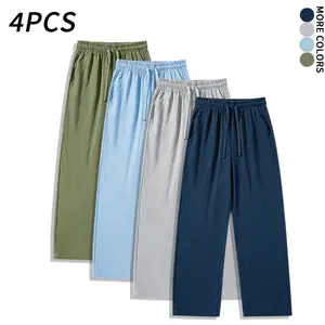 Men's 4PCS 100% Cotton Linen-Like Wide Leg Pants Elastic Waist Drawstring Casual Trousers