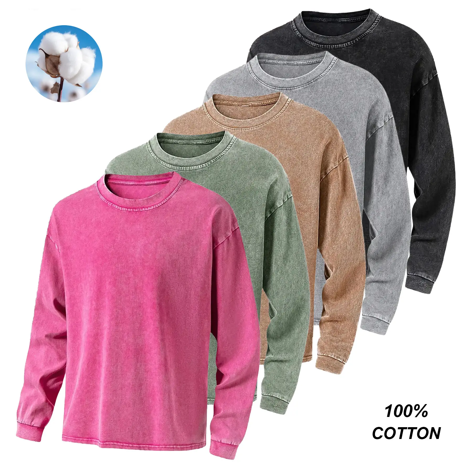 Men’s 1-pack/3-pack acid-wash distressed cotton long-sleeve sweatshirt/sweatshirt top, athletic sweatshirt, crew-neck long-sleeve T-shirt,back to school,back to school shopping