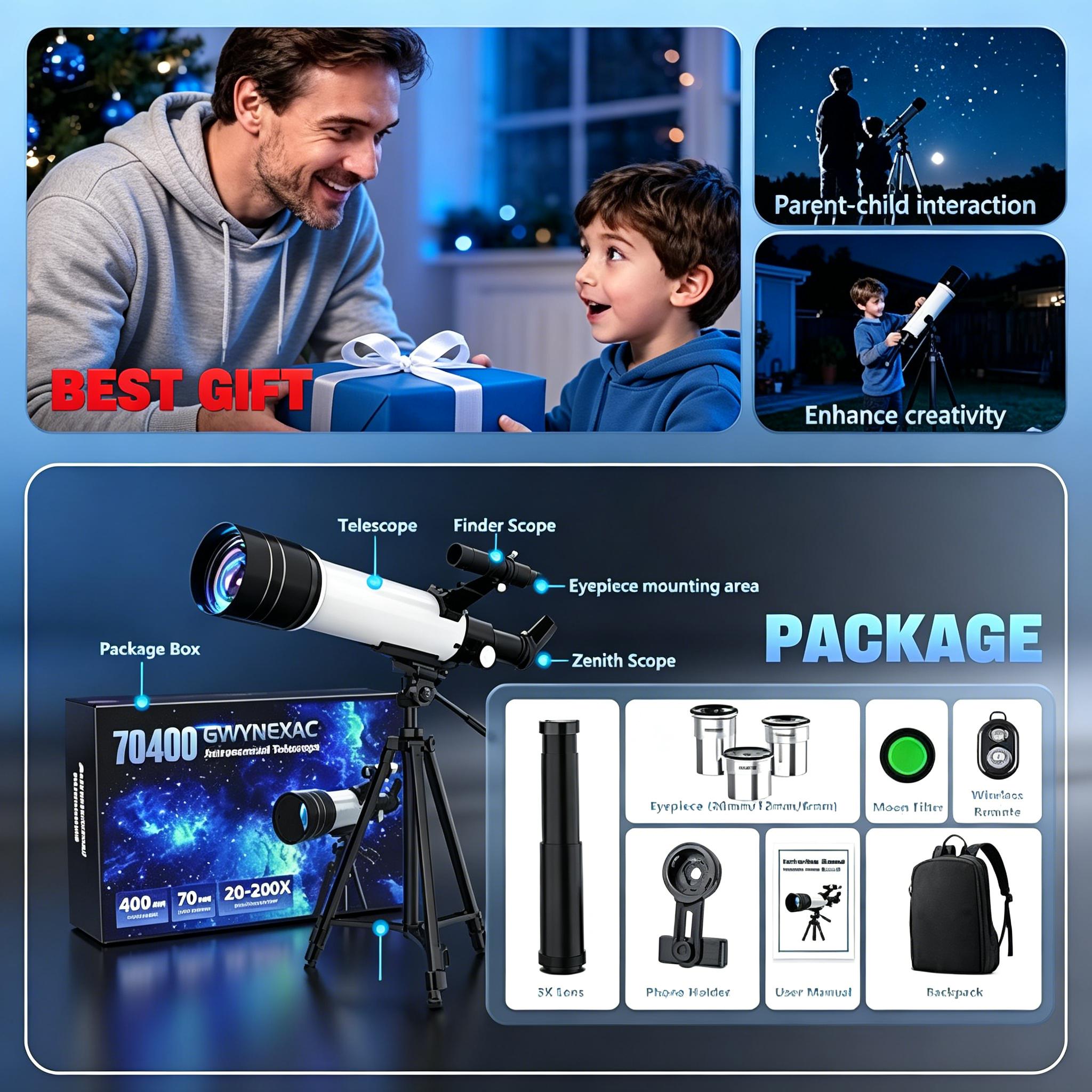 70mm Aperture 400mm Refractor Telescope for Astronomy Beginners, with Tripod, Phone Adapter & Carry Bag for Adults & Kids