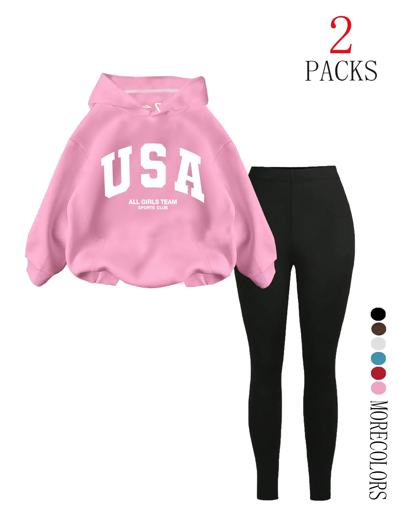Women's Fall Winter Hooded Sweatshirt Set, Casual Loose-Fit Sportswear, Usa All Girlsteam Print, Modest Fashion Yoga Pants, Matching Workout Set, Athleisure Outfits