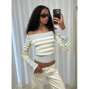 Perrey Long Sleeve Off Shoulder Top Knit Yellow / Grey Stripe