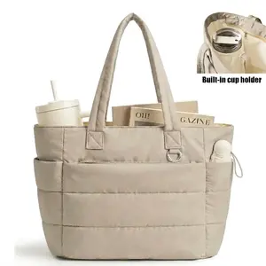 Five Season Home 20L Puffy Quilted Tote Bag for Women, Lightweight Bubble Nylon Laptop Shoulder Bag with Multiple Compartments for Work, Travel, and College