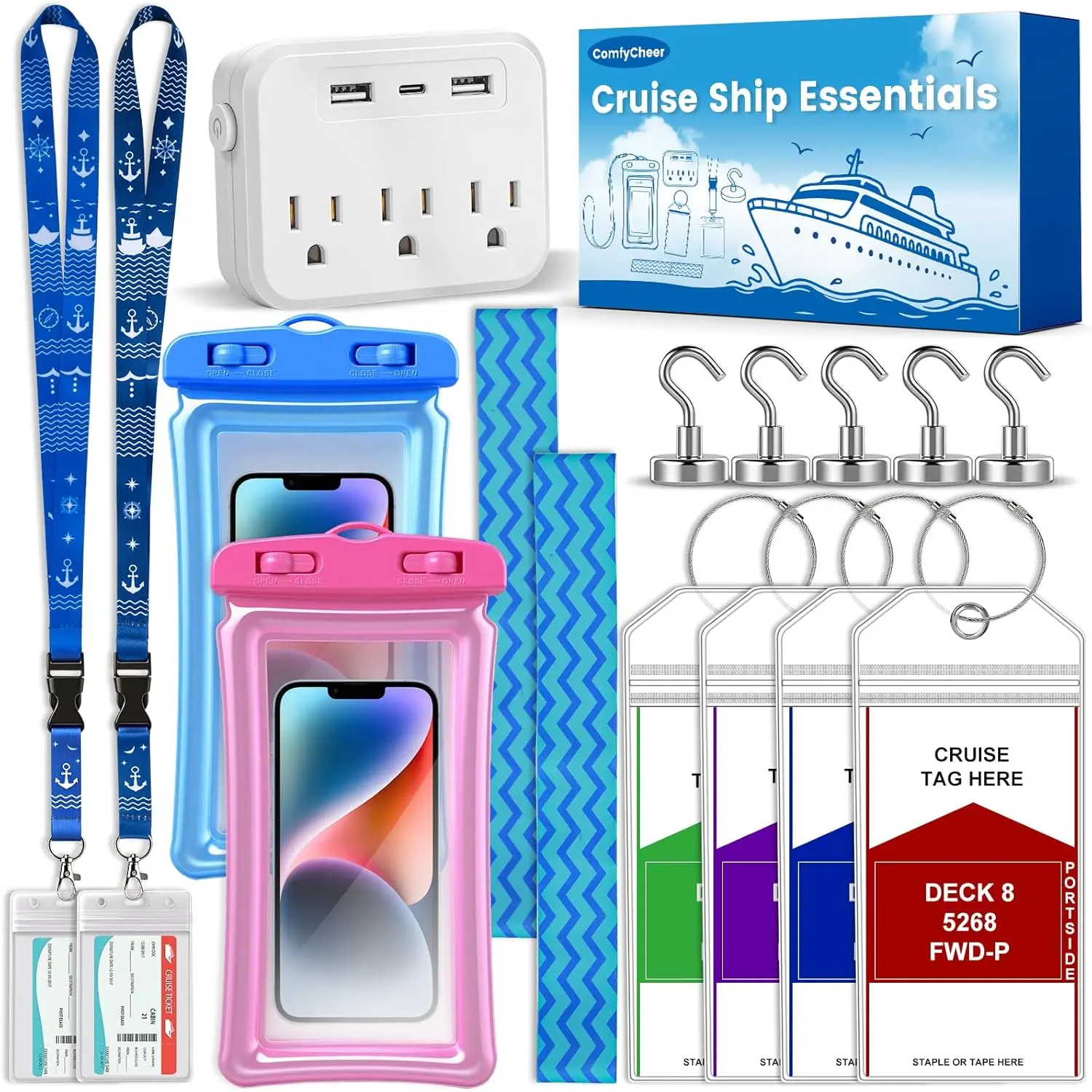 Cruise Essentials 2026,Cruise Must Haves Kit,Non-Surge Protector Power Strip,Magnetic Hooks,Lanyards,Luggage Tags,Towel Bands,Waterproof Phone Pouches,Travel Essentials Comfycheer