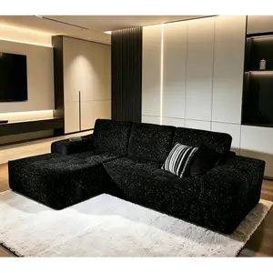 Black Glitter Velvet L-Shaped Cloud Sectional Sofa, No Assembly Modular Couch with Chaise