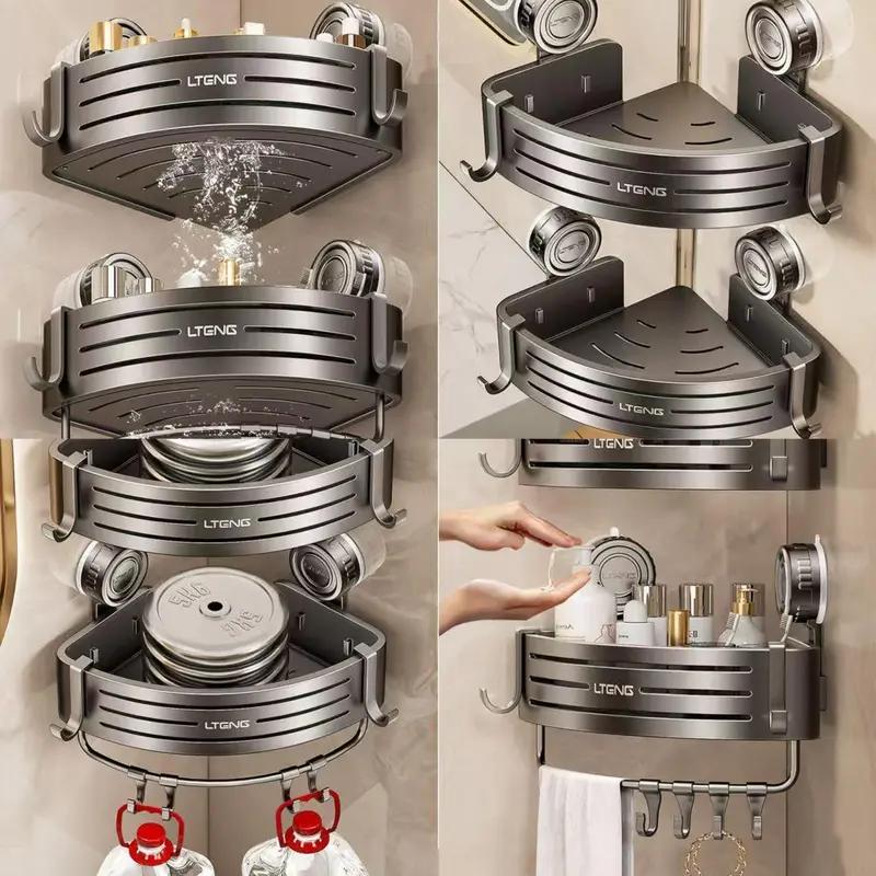 Upgrade Version Gun Gray ABS Triangle Suction Cup ShowerCaddy 3-Tier Corner Shelves NoDrilling 50lbs LoadCapacity 6 Hooks for Bathroom Storage