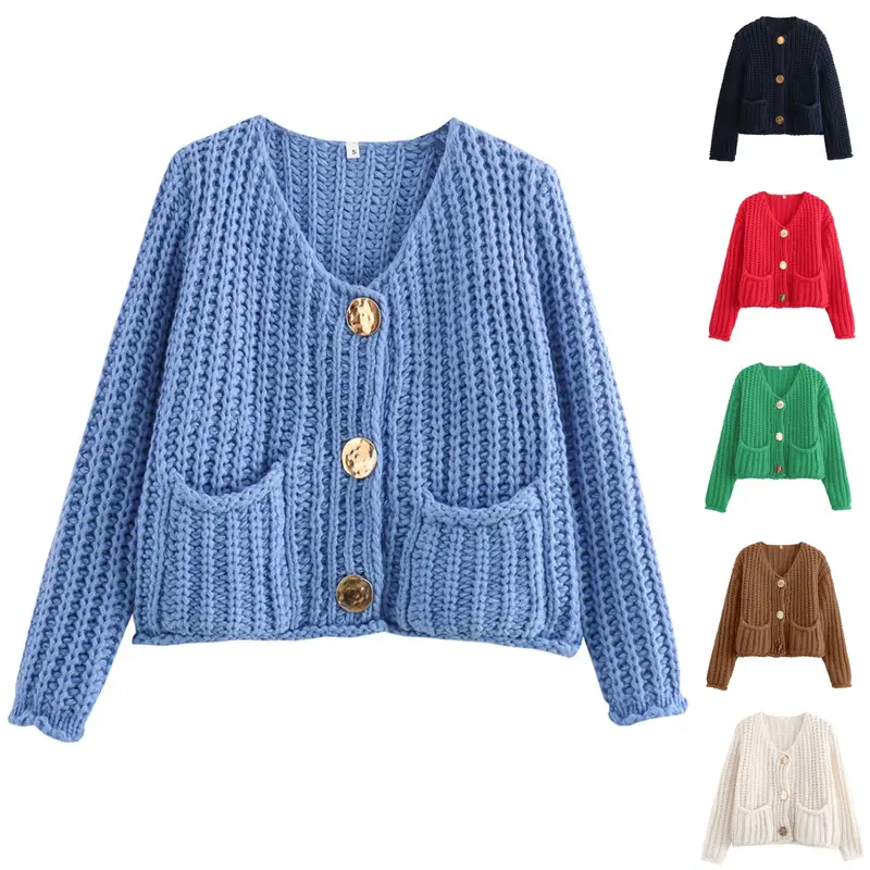 Tanming Womens V Neck Cardigan Chunky Ribbed Knit Vintage Gold Button Down Front Sweater Coat Tops with Pockets Casual Fall Winter Work School Vacation Loungewear Outfits Clothing