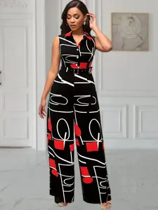 Women's Geometric Print Belted Button Front Shirt Jumpsuit, Casual Sleeveless Collared Jumpsuit for Summer, Ladies Clothes for Daily Wear, Casual Jumpsuits