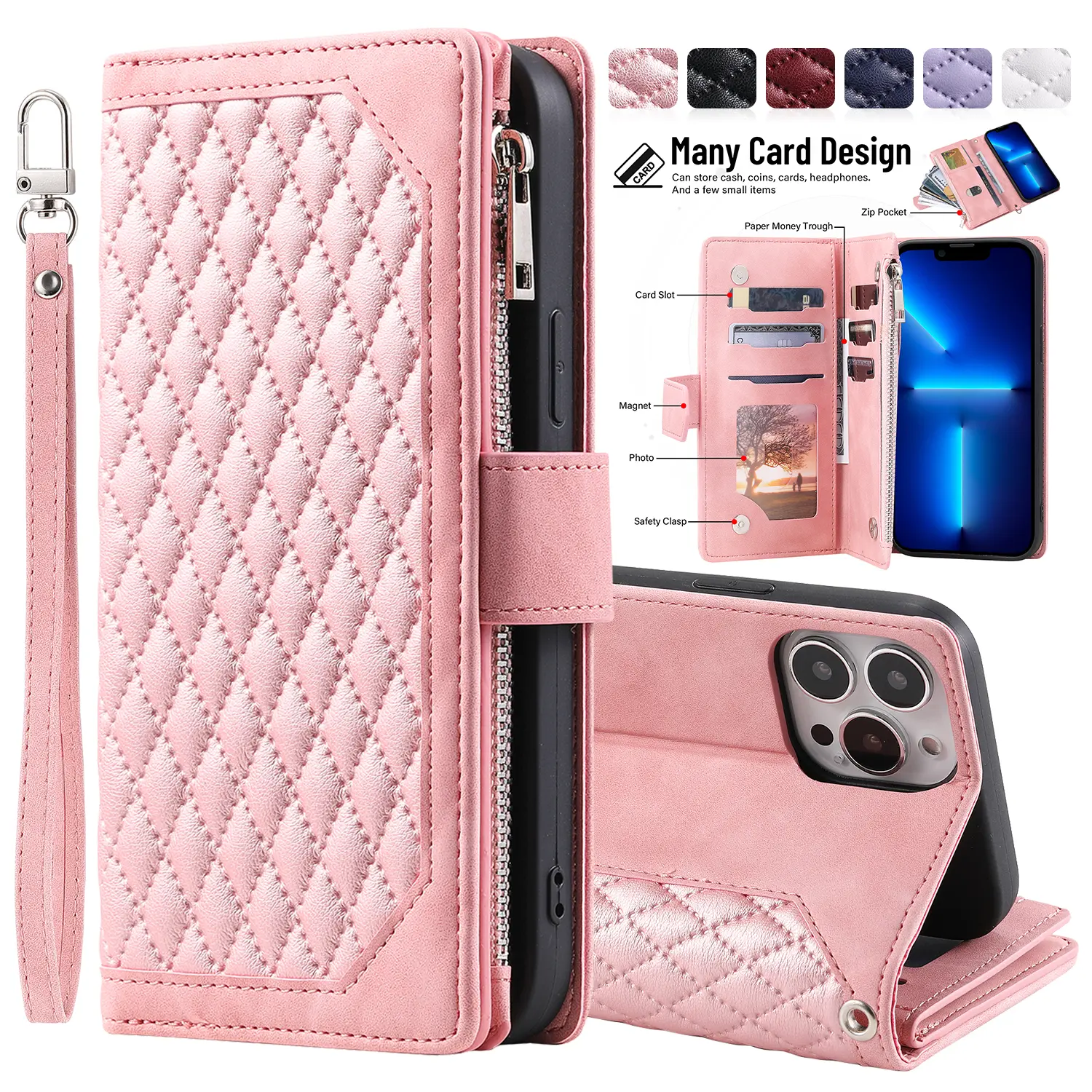Women's Leather Crossbody Wallet Case for iPhone 17,16 Pro Max,15,14,13 Smartphones & Cellphones - with Card Holder, Kickstand, Wrist Strap, Magnetic Closure, Flip Handbag, Zipper Purse Shell, Cash Pocket, Lanyard (Rose Gold, Anniversary Gift)