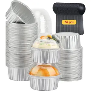 Cupcake Liners with Dome  50 Pack, 5oz  Foil Baking Cups Muffin Tin,Souffle Dessert Pudding Ramekin Holders for Individual Bakery Wedding Birthday Party,with 50 Spoons-
