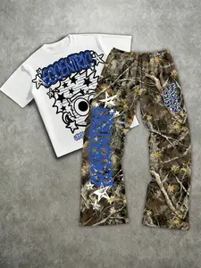 Men's Loose Fit Casual Cartoon Graffiti Print Knit Short Sleeve T-Shirt & Pants Set, Street Style, Fall Winter Woven Fabric, Multiple Colors