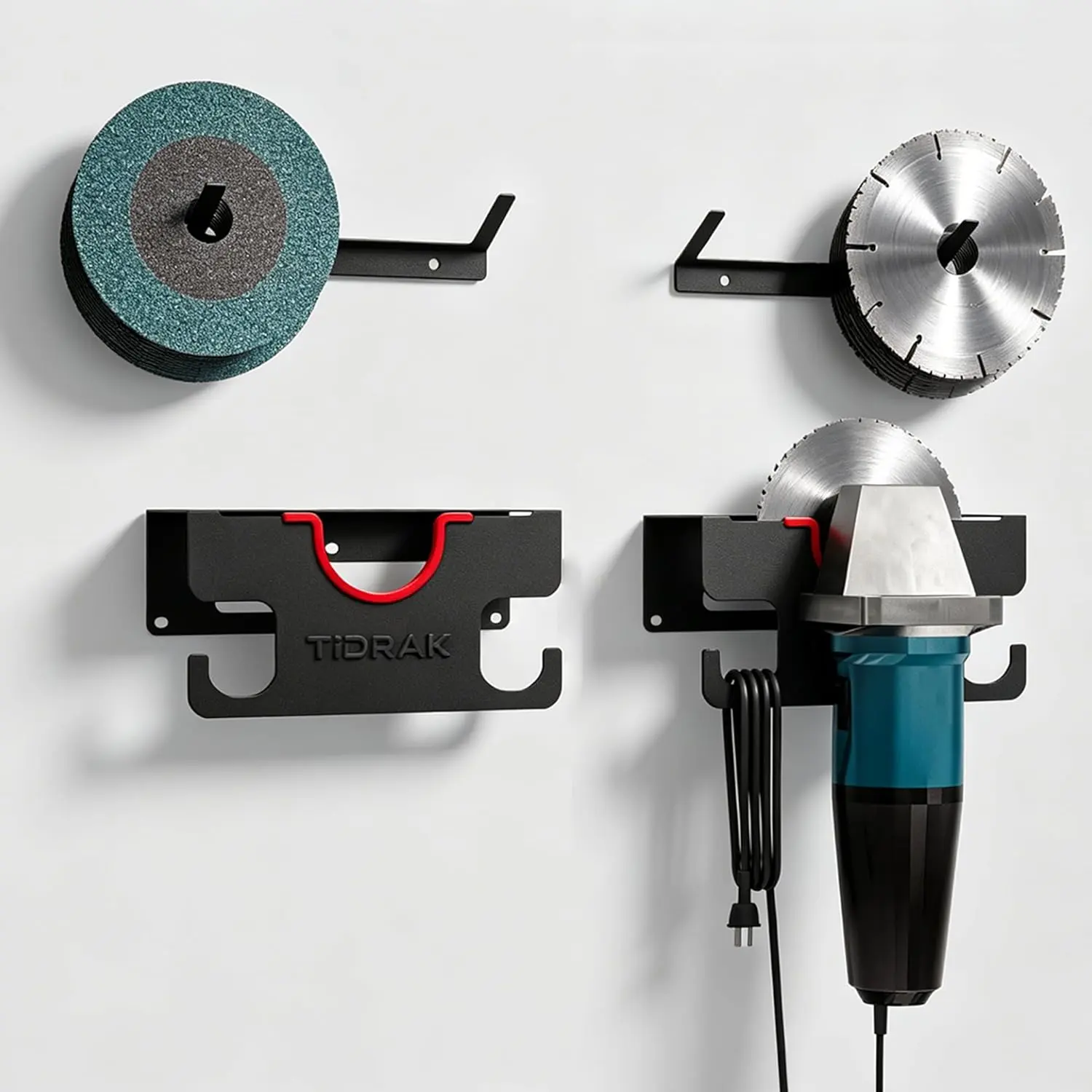 Angle Grinder Holder Wall Mount – Heavy Duty Tool Storage Rack for 4-1/2" to 6" Grinder, Impact Wrench & Polisher, with Cord Management Hooks & Disc Hooks, Ideal for Workshop & Garage Organization