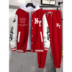 Men's Letter Print Slogan Baseball Jacket & Pants Two-piece Set, Loose Casual Long Sleeve Baseball Collar Outerwear & Trousers for Daily Wear, Men's Two-piece Outfits for Fall & Winter