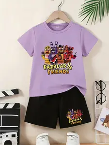 Game Style Fnaf Fazbear & Friends Embroidered Children's Set, Summer New Design Boys And Girls Short-Sleeved T-Shirts + Shorts 2-Piece Set, Comfortable, Casual, Fashionable, Daily Wear, Versatile #Birthday# Gift #School Essentials