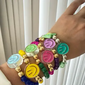 Smiley Face Chunky Bracelet Colorful Gold Beaded Jewelry for Women's Fashion Accessory