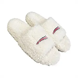Women's White Curly Fuzzy OpenToe Slide Slippers Striped Embroidered Plush Warm Indoor Slides Soft Comfy NonSlip Casual Home Bedroom Footwear Fashion Winter House Shoes