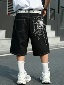 Men's American High Street Spider Embroidery Wide-Leg Denim Shorts, Straight-Leg Capri Pants