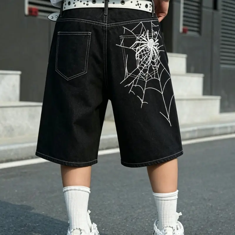 Men's American High Street Spider Embroidery Wide-Leg Denim Shorts, Straight-Leg Capri Pants, Casual Streetwear Shorts