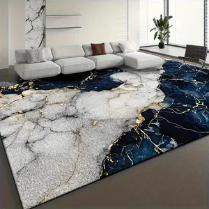 Soft Thickened Area Velvet Rug, Light Luxury Simple Style Marble Texture Pattern Carpet, Deep Blue, White, Gold Matching, Machine Washable, Soft And Comfortable, Lightweight, Suitable For Bedroom, Living Room, Office, Indoor Game Room, Shows Elegant Style