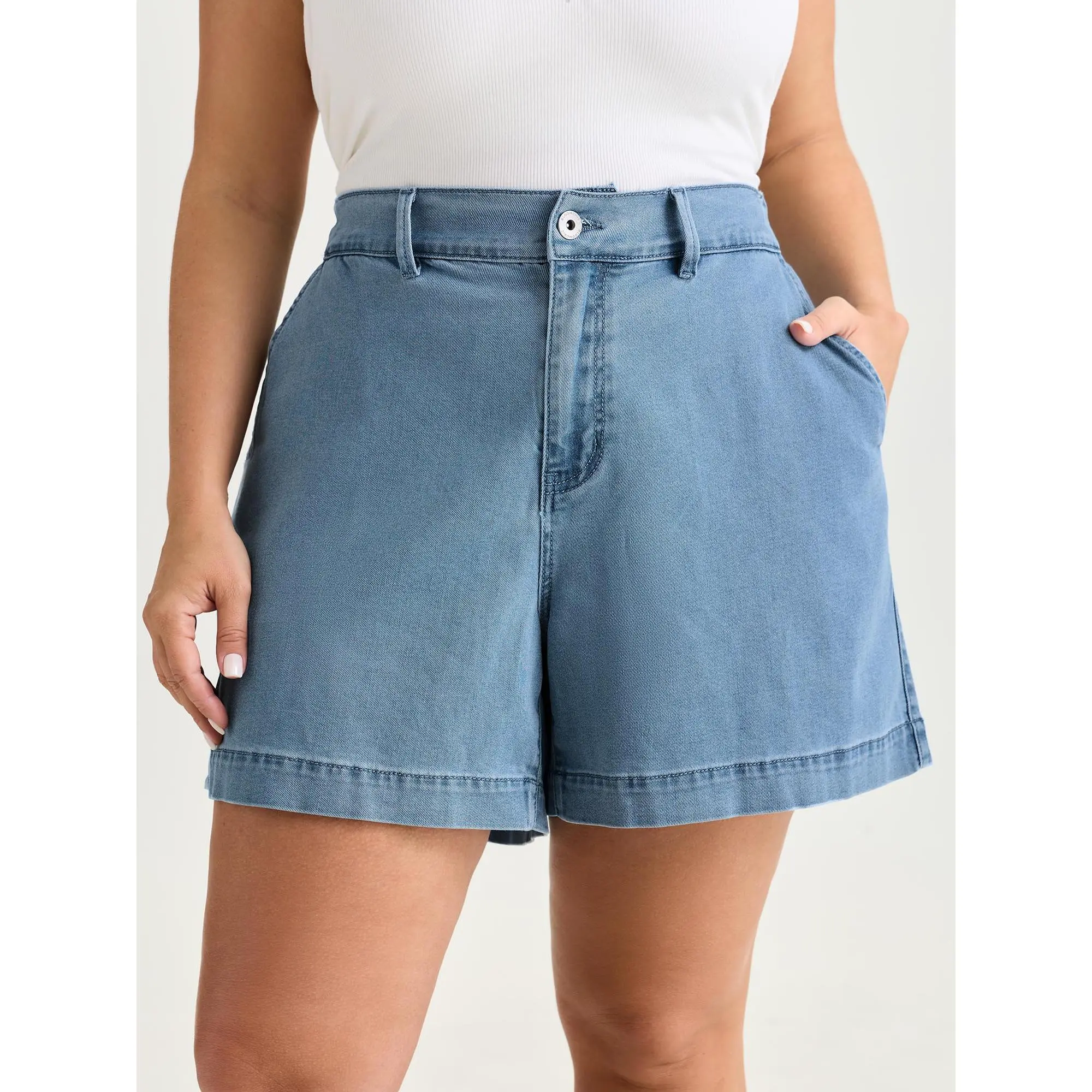 BLOOMCHIC Women's Plus Size Light Washed Rayon Wide Leg Denim Shorts - Lady's Basic Fit Clothes, Pockets, Casual, Sizes M-6X Bottoms,Summerfinds