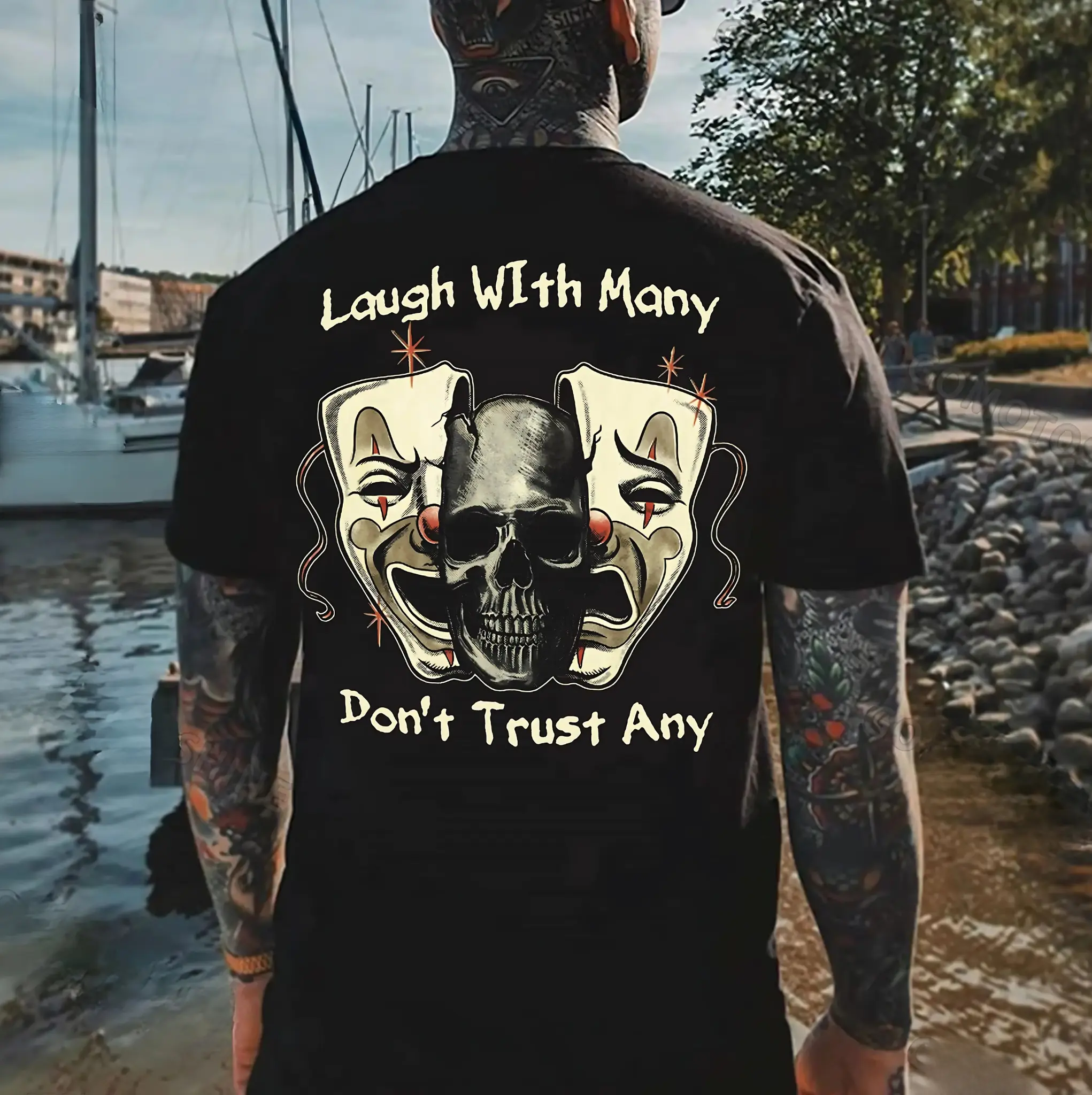Gildan Men's Cotton Short-Sleeve Round Neck Streetwear T-Shirt - Fitted Cut, Lightweight, "Laugh With Many Don't Trust Any" Mask & Skull Graphic, All-Season Casual Menswear Top