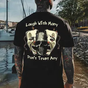 Gildan Men's Cotton Short-Sleeve Round Neck T-Shirt - Fitted Cut, Lightweight Fold, "Laugh With Many Don't Trust Any" Mask & Skull Graphic, All Seasons Casual Streetwear Top