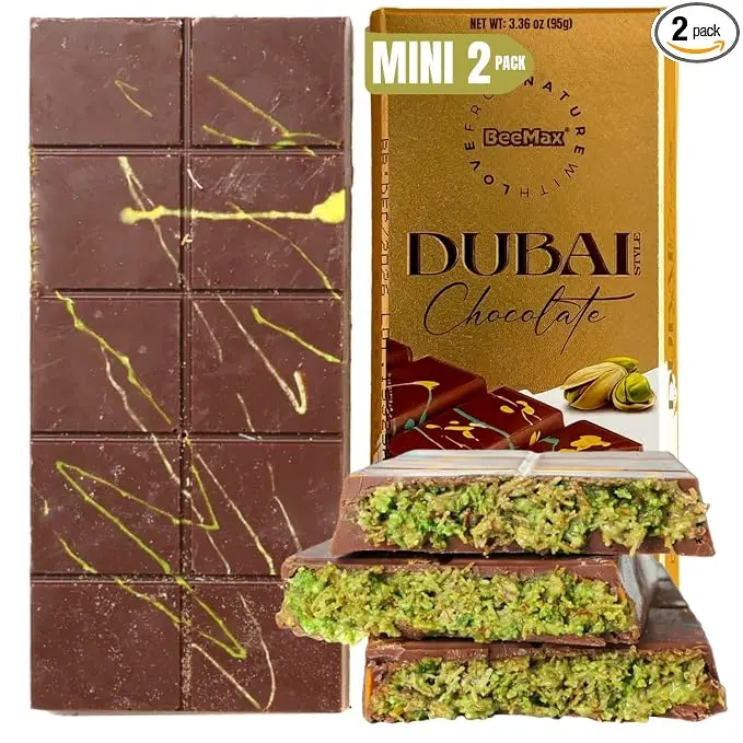 BeeMax Authentic Dubai-Style Mini Chocolate Bar, 3.36 oz (Pack of 2) - Luxurious Milk Chocolate with Kadayif and Pistachios - Middle Eastern Gourmet Indulgence - Ideal for Gifting & Special Occasions