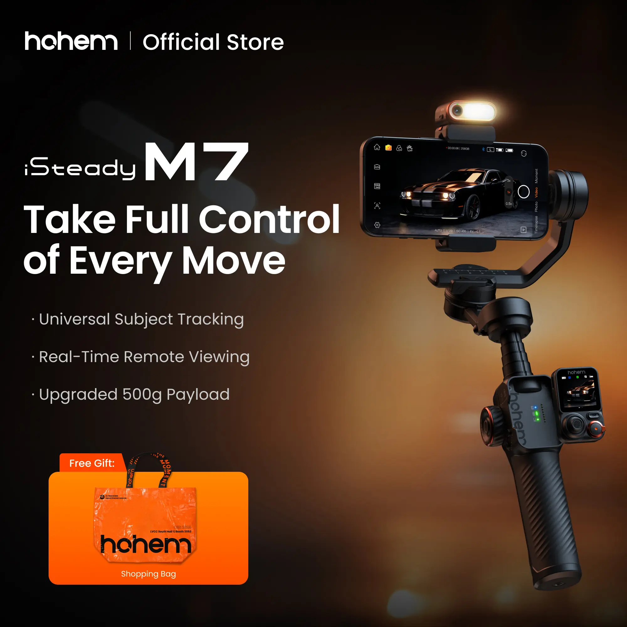 Hohem iSteady M7 AI Tracking Smartphone Gimbal Stabilizer 3-Axis with Magnetic Fill Light/AI Tracking Sensor for iPhone Android with 1/4-inch Color Tochscreen Display,Detachable Remote Controller, Max Payload 500g 2023 Upgraded Fathersdaygift Videography