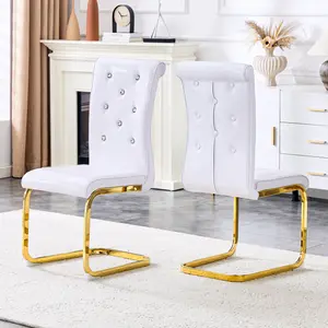 Upholstered Dining Chairs Set of 2 with Crystal Button Design, Metal Bow Legs, Soft PU Leather Dining Room Chairs for Kitchen, Bedroom (White - Gold)