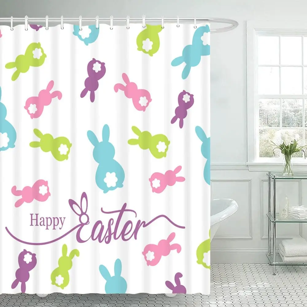72x72 in Polyester Fabric Spring Easter Shower Curtain Set with Hooks, Colorful Bunnies Print, Kids Farmhouse Bathroom Decor Supply, Animals, Cartoon
