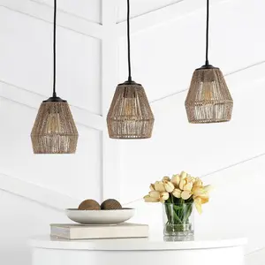 JONATHAN Y Ibiza Seagrass/Metal Bohemian Coastal LED Pendant with Adjustable Hanging Wires and Bulb Included; for Living Room, Bedroom, Kitchen, Office