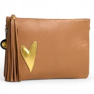 Lennox Clutch - Tan with Gold Heart Appliqué