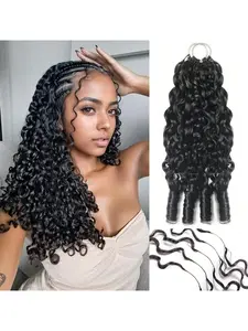 Feather Crochet Hair Extensions 18 Inch 50G Burmese Curly Knotless Pre‑Separated Invisible Crochet Bundles Lightweight Reusable Hair Extensions for Women Natural Black Human Hair