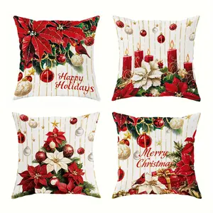 4pcs, Holiday Christmas Pillow Covers, Modern Floral Design with Holly and Festive Patterns, Home Décor Products, Cushion Cover Decoration for Couch Sofa, Room Decor and Bedroom Decor, Single Sided Printing, No Pillow Core