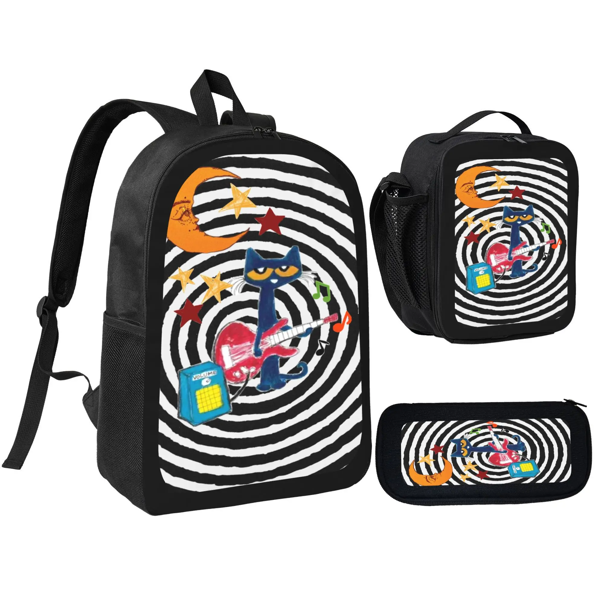 Pete The Cat I Love My White Shoes Unisex Kids' 3-Piece Backpacks Set - Oxford Fabric, Zipper Closure, School Daypack, Pen Bag & Lunch Box for School Use