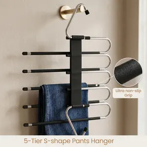 Pants Hangers Space Saving - 2 Pack Closet Organizer and Storage Jean Hangers, Stainless Steel Anti-Slip Clothes Hanger Scarf Holder for Pants Jeans Leggings Trousers Pant Rack, Black Foldable Heavy-Duty durable Hook