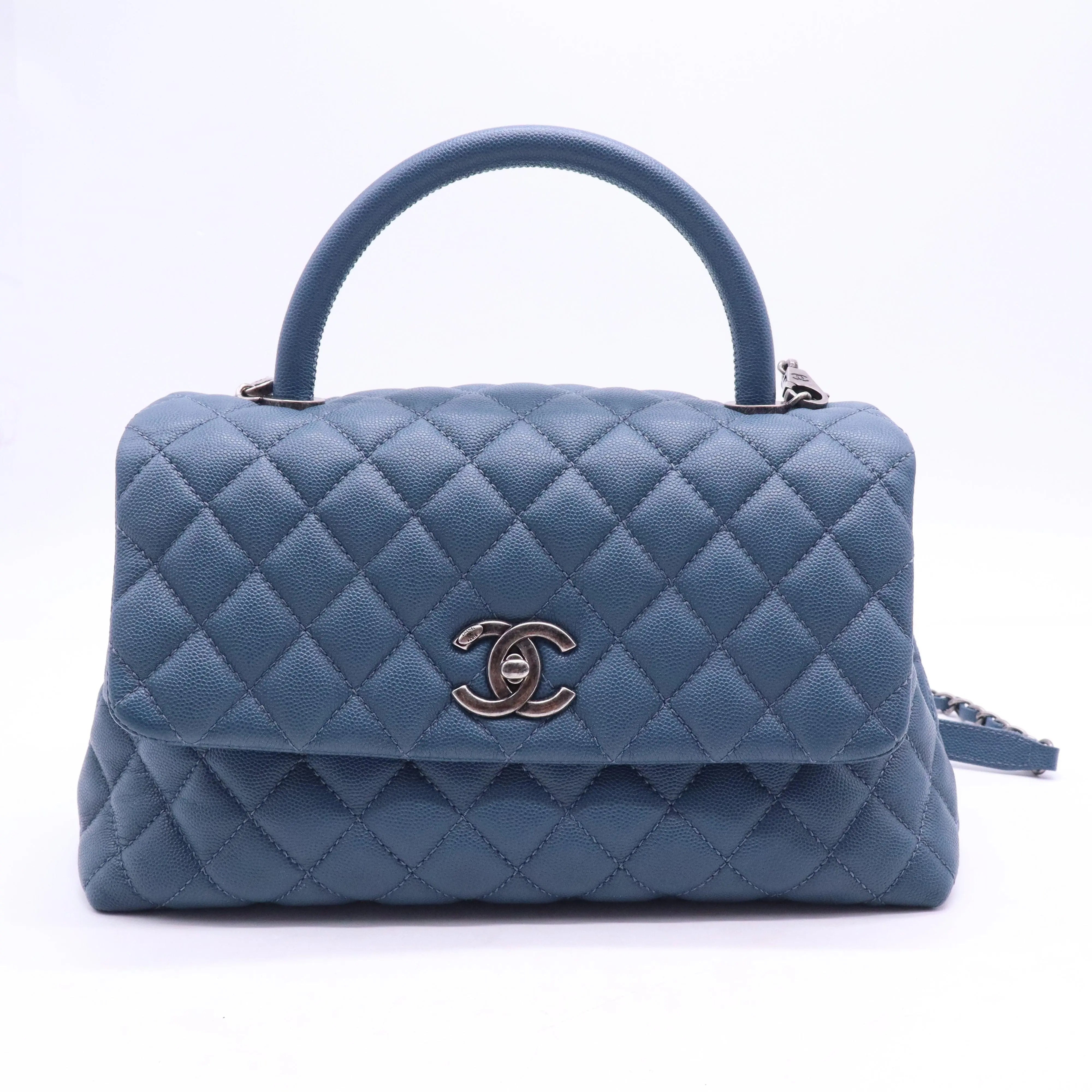 Pre-owned CHANEL Leather Top Handle Bag Coco Quilted Caviar Small B21774