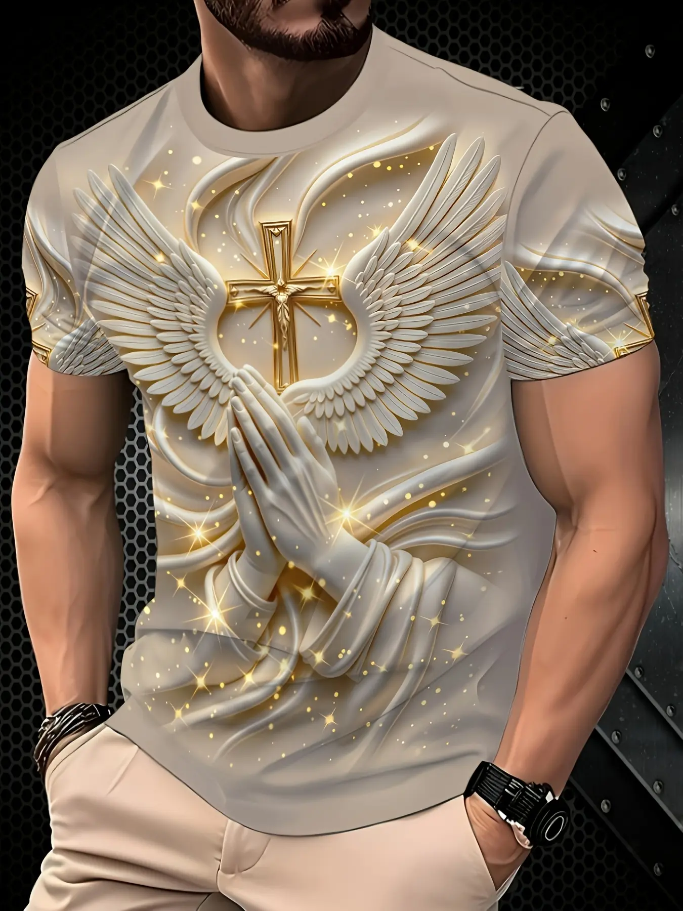 New Style Religious Praying Hands Angel Wings Cross Printed Men's Round Neck 3D High-definition Pattern Short Sleeve Trendy Avant-garde Sporty Loose T-shirt, Summer Casual Outdoor Men's Cool Top.