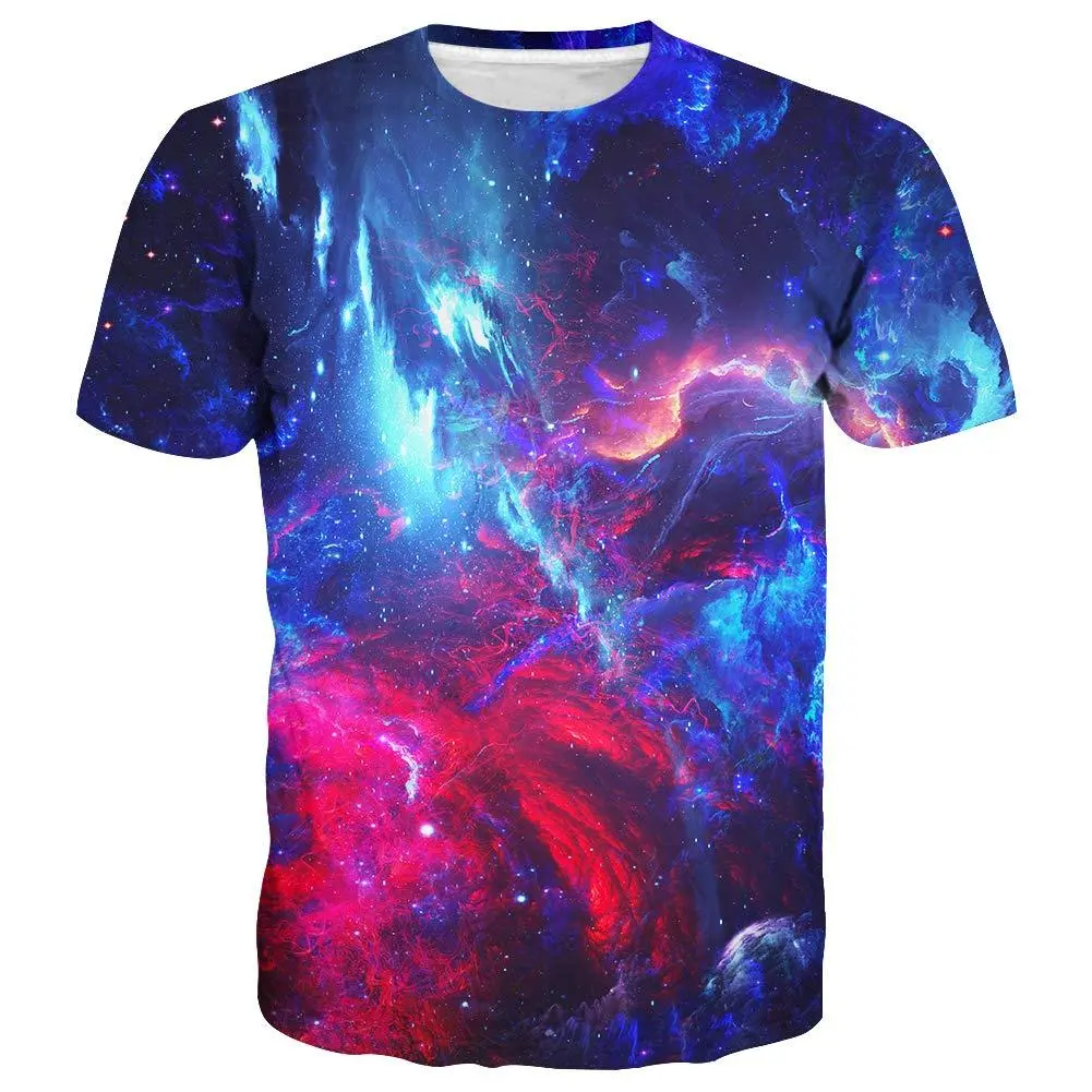 Vivid Galaxy Print Tee, Unisex Short Sleeve Top with 3D Nebula Graphic, Breathable Casual Streetwear for Daily Wear, Soft Fabric, Relaxed Cut, Full Print, All Over Print