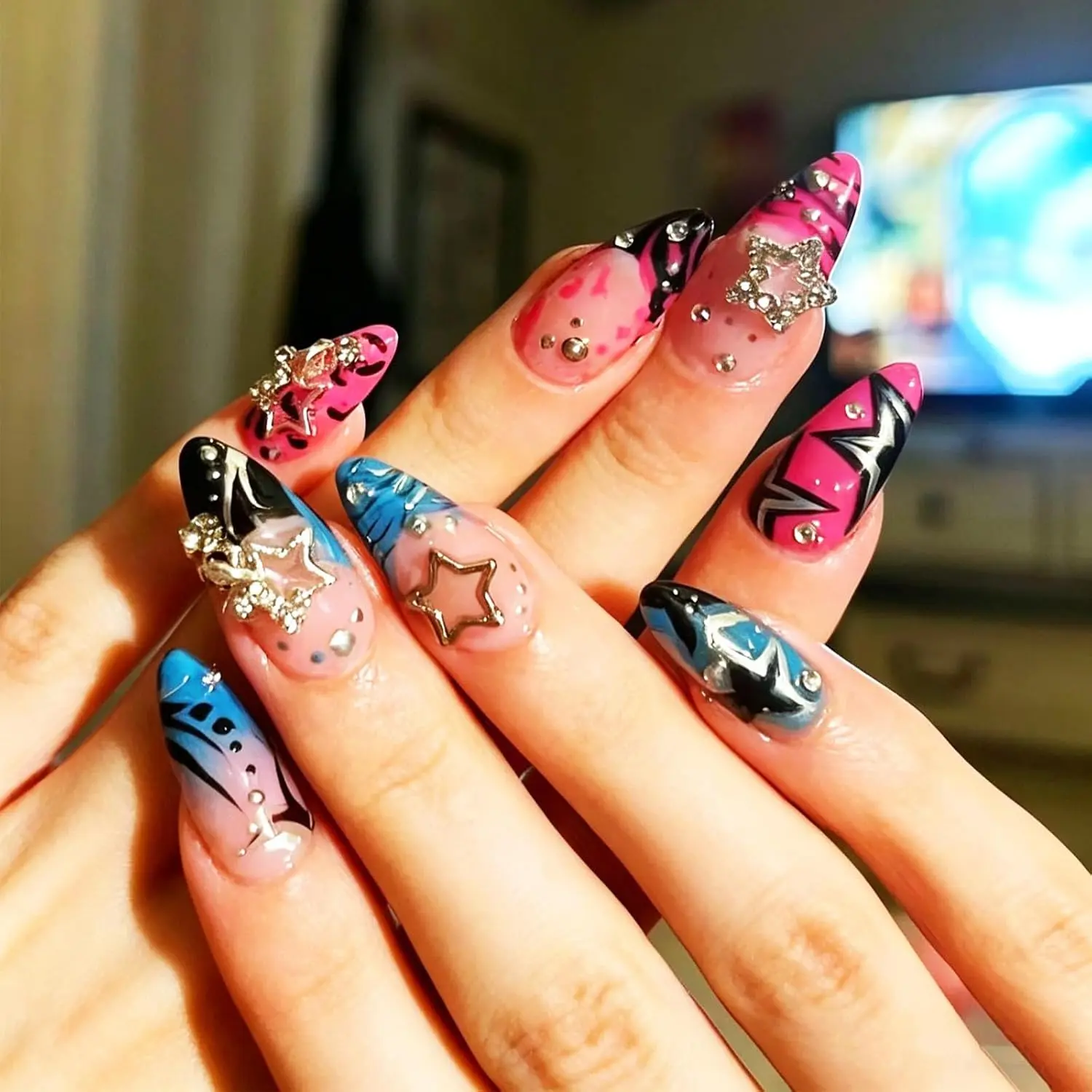 Women's 24Pcs Y2K Acrylic Press on Nails - Medium Almond, Glossy Blue French Tips, Rhinestone & Star Charm, Reusable Glue-On False Nails for Punk Party Wear